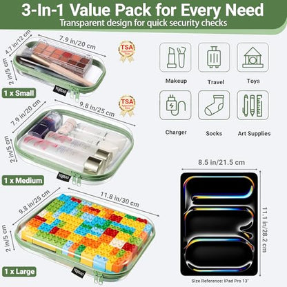YQBRAO 3-Piece Clear Hard Shell Zipper Case Set, 1L 1M 1S, Green - color: Green, size: LMS