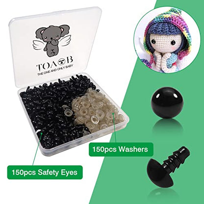 TOAOB 150pcs 9mm Black Plastic Safety Eyes Crafts Safety Eyes with 150pcs Washers for Stuffed Animals Amigurumis Crochet Doll Making - size: 9mm