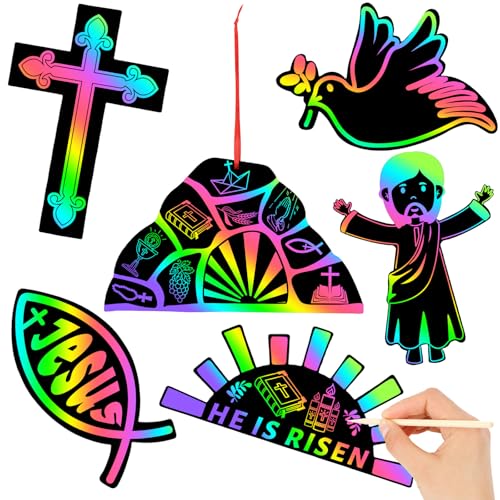 JULMELON 36Pcs Religious Easter Crafts for Kids, Rainbow Scratch Art - style: Religious Easter Crafts