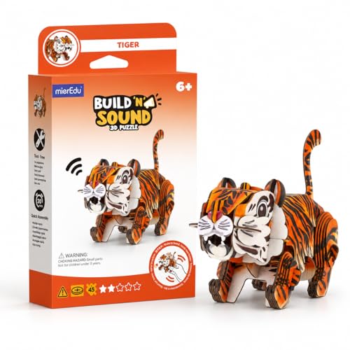 MierEdu Build 'N' Sound 3D Puzzle for Kids, Animal Puzzle with Sound Module, Educational STEM Craft Kit, FSC Paper Model Building Toy Gift for Ages 6+ - color: Tiger