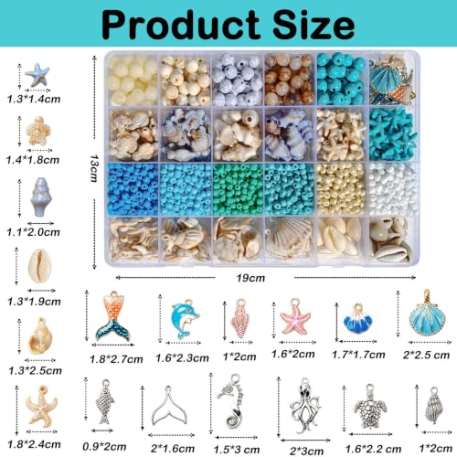 1570Pcs Ocean Beads for Bracelets Making Kit, Blue and White Summer Beach Bead for Jewelry Making, Sea Turtle Seashell Starfish Shape Beads 8mm Round Glass Seed Bead for DIY Craft Bracelets Earring