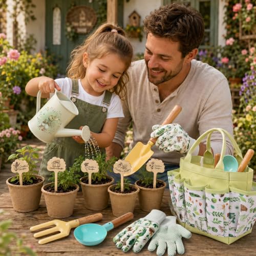 Kids Gardening Set Toys, 12PCS Garden Tool Kit for Kids and Toddlers with Tote Bag,Watering Can, Gloves, Shovel, Learning Outdoor Toys Gifts for Boys Girls Age 3-6 (Green) - color: green