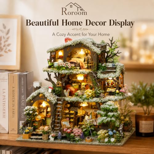 Roroom DIY Miniature House Kit, Snowy Fairy Forest House Dollhouse Kit - color: Time Tree House(snow)