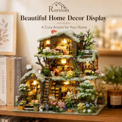 Roroom DIY Miniature House Kit, Snowy Fairy Forest House Dollhouse Kit - color: Time Tree House(snow)