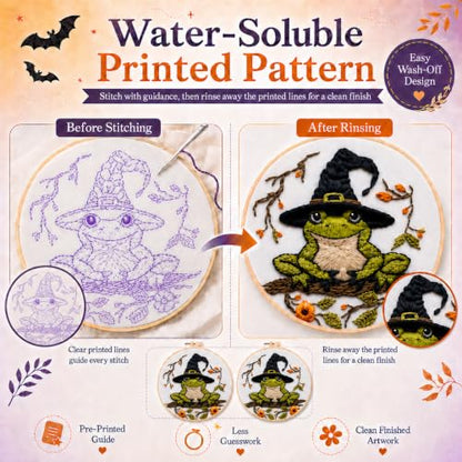 vadeny Halloween Embroidery Cross Stitch Kit for Beginners Adults Gothic Needlepoint DIY Craft Frog Haunted House Cauldron Bat Pattern 4 Set Sewing Hanging Decor with Needles Threads