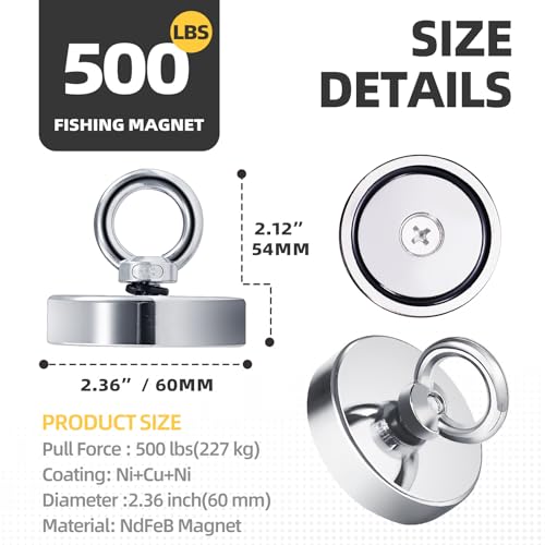 2.36"(60 mm) Fishing Magnet Kit- 500lbs Large Strong Rare Earth Fish Magnets Heavy Duty with 65ft Rope, Super Neodymium High Power Magnet with Handle for Retrieving in Lake, Beach, Lawn(D60 Set) ﻿ - size: D60 Set