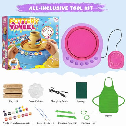 Pottery Wheel for Kids with Air Dry Clay Kit, 12 Paints & Tools, Ages 6-12 - color: pink/purple