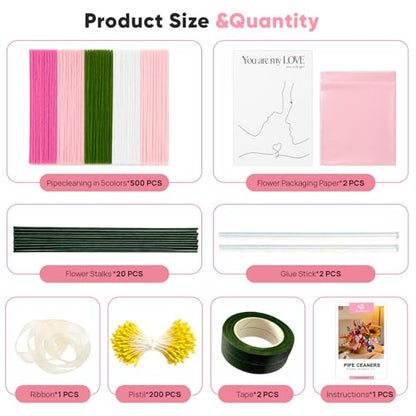HHSarioneiro 550 Pcs Pipe Cleaner Flower Kit, Pink Complete DIY Flower Bouquet Making Kit, 5 Beautiful Colors, 15 Flower Designs with Step-by-Step Video Tutorials, for Teen Girls and Craft Lovers - color: Pink