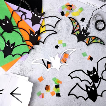 Aneco 24 Sets Halloween Bat Crafts Kits DIY Suncatcher Tissue Sign Paper Craft Halloween Hanging Decorations Window Art Ornaments Decor for School Party Holiday Home Activities - style: Halloween Bats