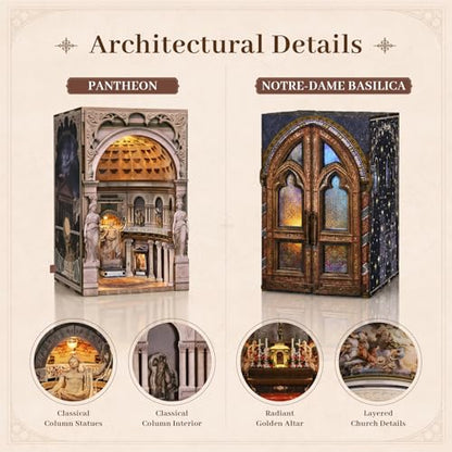 MiniCity 2-Piece Book Nook Kit Set, 3D Wooden Bookshelf Puzzle - color: Pantheon & Notre-dame Bacilica