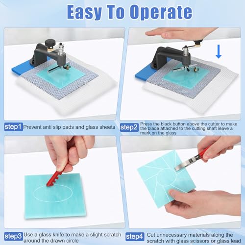 Glass Circle Cutter Kit for Stained Glass, Mosaic, DIY Crafts – Adjustable 0.39–3.93" Lens Circle Cutter with Non-Slip Mat, Gloves, Glass Cutter, Pliers, Hammer, & 1 pc Stained Glass (Random Color)