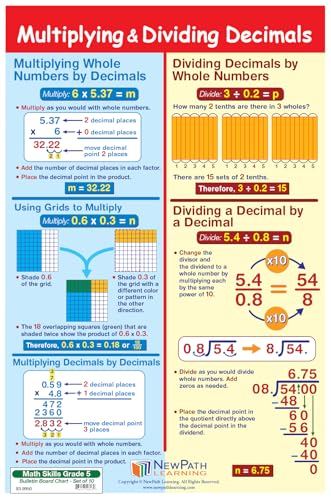 NewPath Learning Grade 5 Math Anchor Charts Set of 10 (12x18") & 25-Page Resource Guide Covering Advanced Fractions, Algebra & Geometry for Classroom & Homeschool Use (93-9950)