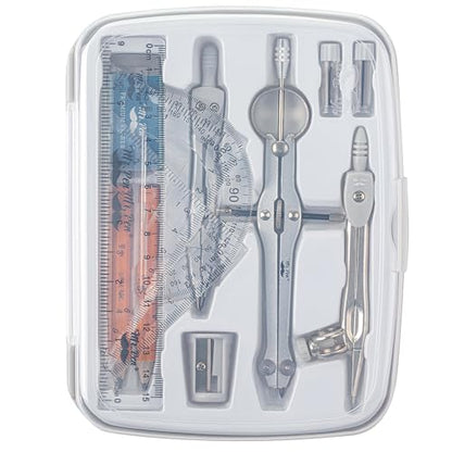 Mr. Pen- Geometry Set, 13 pcs, 3 Metal Compasses, Protractor, 6" Ruler | 45° & 30°/60° Set Squares, Pencils, Lead Refills, Sharpener & Eraser for Math, Drafting & Classroom Use - color: Grey