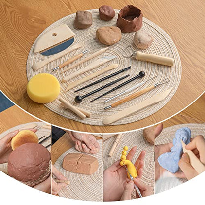 KACOLA Pottery Tool Kit, 17pcs Polymer Clay Tools, Modeling Clay Sculpting Tools Kit, Ceramics Tools, Trimming, Embossing Pattern, Smooth Wooden Handles