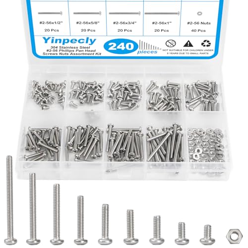 240pcs #2-56 Phillips Pan Head Machine Screws Nuts Washers Kit - size: #2-56