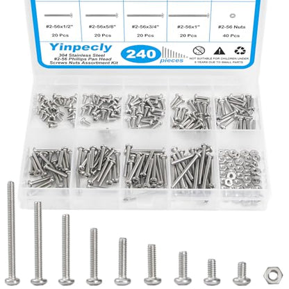 240pcs #2-56 Phillips Pan Head Machine Screws Nuts Washers Kit - size: #2-56