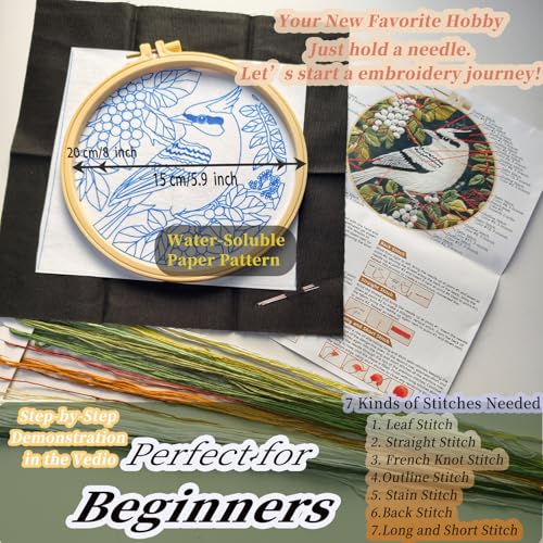 FONNUY Wild Birds Embroidery Kit, Pre-Stamped Green Tree Bird Patterns Kits for Adults and Beginners, Handmade DIY Crafts Set, Color Thread Needlework, 8'' Hoop (Smart Parrot) - color: Smart Parrot