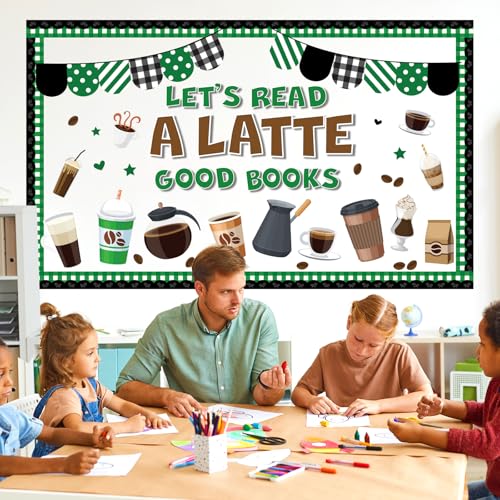 QOUBAI Coffee Bulletin Board Set Coffee Cup Classroom Decoration Latte Paper Cutouts Green Coffeehouse Crafts Teacher's Helper Charts for Back to School Nursery Chalkboard Reading Decor Wall Door - style: Latte Coffee