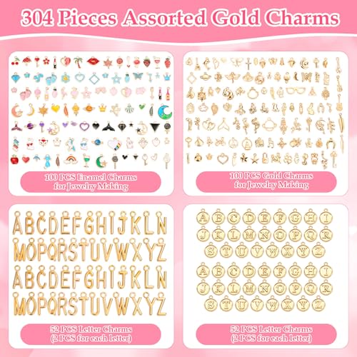 Flasoo 304Pcs Gold Charms for Jewelry Making, Assorted Bracelet Letter Charms for DIY Jewelry Making Necklace Bracelet, Keychains and Crafts