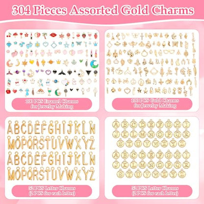 Flasoo 304Pcs Gold Charms for Jewelry Making, Assorted Bracelet Letter Charms for DIY Jewelry Making Necklace Bracelet, Keychains and Crafts