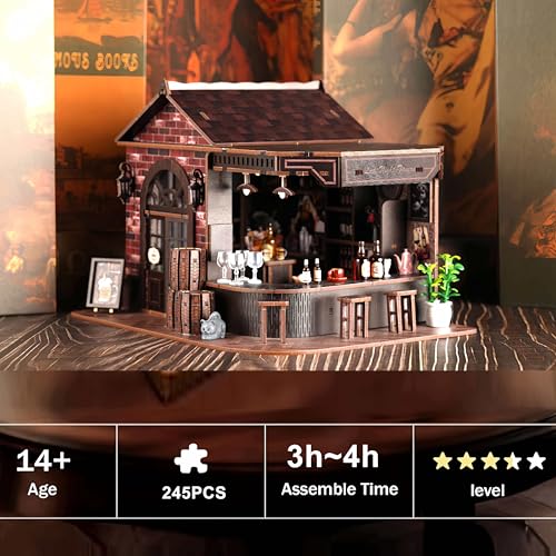 Book Nook Kit, 3D Wooden Miniature Tavern & Pub Dollhouse with LED Lights - DIY Mini House Craft Model for Adults, Birthday Valentine's Day Gift for Women Men - style: Victorian Pub Bar