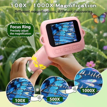 Odatay 1000X Digital Kids Microscope Kit with 12 Slides & 2" Screen, Pink - color: Pink