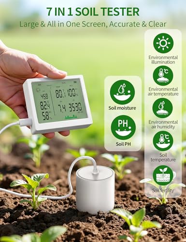 7 in 1 Soil Meter, Digital Soil Test Kit of PH/Sunlight/Fertility/Soil & Air Temp, Humidity Meter for Indoor & Outdoor Plant, Growing Environment Tester with Large LCD Display for Farm, Garden & Lawn