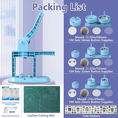 Happizza Button Maker Machine Multiple Sizes (4th Gen), Pin Maker 1+1.25+2.25 inch / 25+32+58mm, Badge Button Press Machine with Cutting Mat & 300 Sets Badge Making Supplies & Circle Cutter - size: Blue 1+1.25+2.25 inch (300 sets)