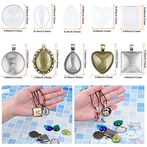 Aenezus Pendant Trays Set with Glass Cabochons for Jewelry Making - 90pcs, Includes 30pcs Bezel Pendants, 30 Glass Cabochons, 30 Necklace Cords
