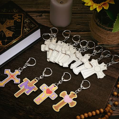 Trnayi 36 Pcs Religious Cross Wood Keychain Color Your Own DIY Craft - style: Religious Cross