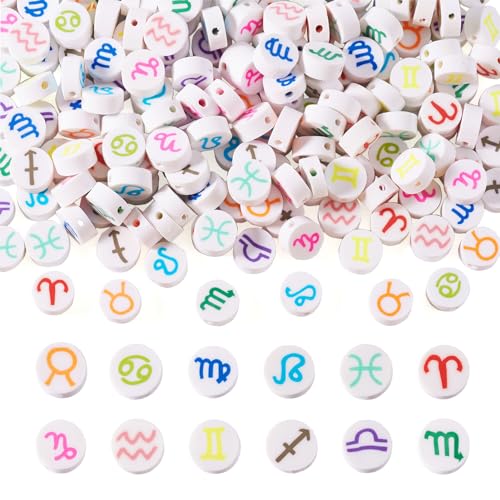 Elecrelive 180pcs Zodiac Clay Beads 12 Constellations Flat Round Loose Beads 10mm Disc Polymer Clay Beads for Jewelry Necklace Earring Friendship Birthday Bracelet Making - color: Mixed Color-12 Constellations