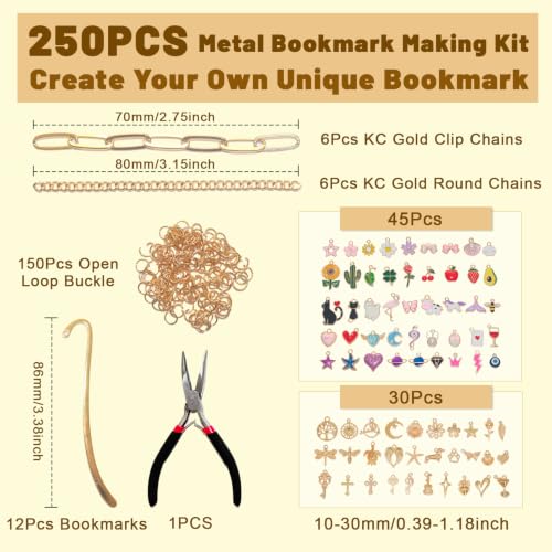 250Pcs DIY Metal Bookmark Making Kit, Custom Bookmark Set with Book Charms
