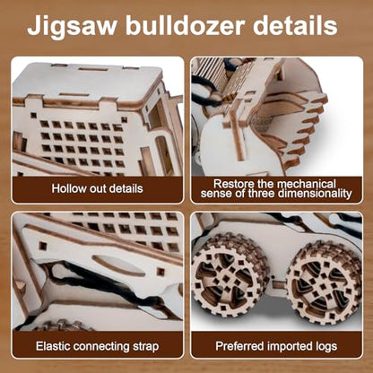 Wooden 3D Puzzle, Creative DIY Model Building Kit for Adults, Handmade Wooden Craft Collectible Ornament, Hobby Gift for Adults & Men, 60 Pieces Bulldozer, Basswood Material