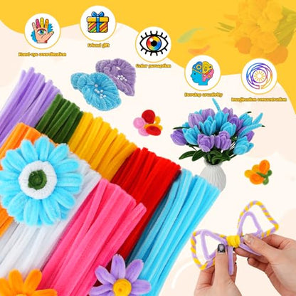 Anyeve 800PCS Pipe Cleaners Flower Kit, Pipe Cleaner Bulk Craft Flower Making Kit with Instruction, 8 Colors Thick Chenille Stems for Arts DIY Craft Supplies with Gardening Tape, Floral Wires, Stamen