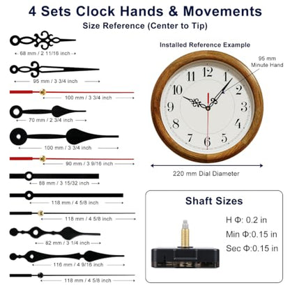 4-Pack Silent Clock Mechanism Replacement Kit, 4 Black Hand Sets - color: Black