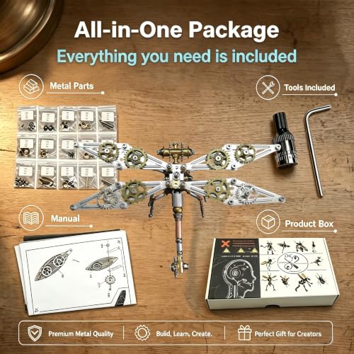 Steampunk Dragonfly 3D Metal Puzzle : 140+ Pcs 2-3 Hrs Screw Build Desktop Display Ornament DIY Assembly Gift for Father Men Teens Christmas & Birthday Gift(Dragonfly B) - style: Dragonfly B