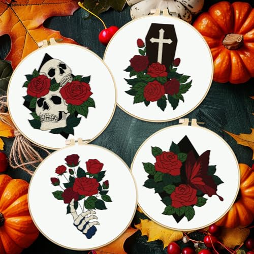 BEUNITONE 4 Set Halloween Skull Embroidery Kit for Beginners Include Hoops - color: 02-Halloween Rose
