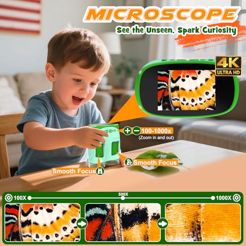 1000X Handheld Microscope for Kids : 4K 2.0" Screen Rechargeable Telescope and Camera Combo with 6 Slides, Perfect for Indoor Outdoor Exploration, Portable Edu for Age 3-12 Children
