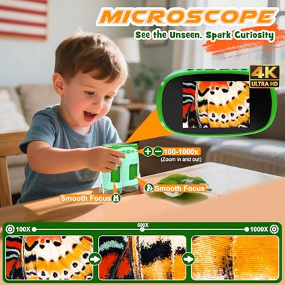 1000X Handheld Microscope for Kids : 4K 2.0" Screen Rechargeable Telescope and Camera Combo with 6 Slides, Perfect for Indoor Outdoor Exploration, Portable Edu for Age 3-12 Children