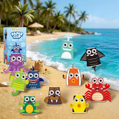 BeYumi Ocean Animals Craft Kit - 12Pcs Summer Arts and Crafts for Kids Toddler Paper Cup Craft Kit with 12 Cartoon Animal Projects DIY Gift for Birthday Party Preschool Classroom Fun Activity Ages 3-6