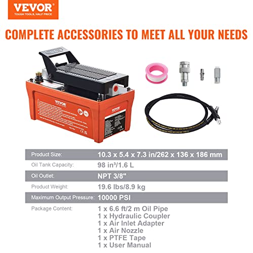 VEVOR Air Hydraulic Pump 10,000 PSI 1/2 Gal Reservoir NPT 3/8" Oil Outlet