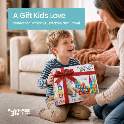 Magnetic Tiles for Kids 100-Piece Set, STEM Educational Building Blocks, Includes 2 Cars & Click-in ABC Learning Tiles, Gift for Boys & Girls, Magnetic Figures & 2 or 4 Car Set Add-Ons Available