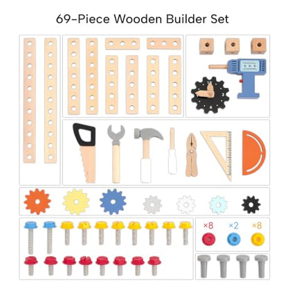 Pillowhale Large Wooden Play Tool Workbench Set with Assembly Toys, Workbench with Storage Space for Kids, Pretend Construction Tools Set Wooden Toy Drill Gift for Boys & Girls Age 3-5