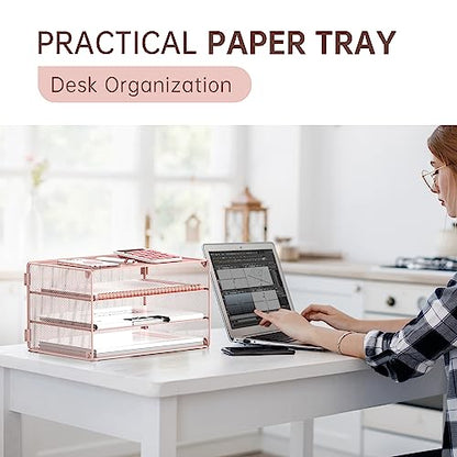 DALTACK 3 Tier Letter Tray Paper Organizer with Sliding Mesh Trays Pink - color: Pink