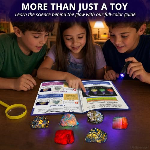 PIBEX Fluorescent Rock Science Kit, 6 Glowing Rocks, with UV Flashlight