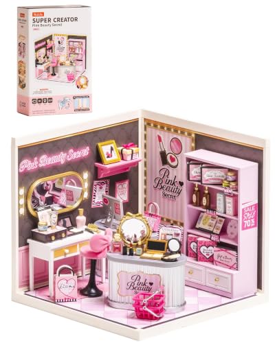 Rolife Super Creator Pink Beauty Secret DIY Miniature House Kit - No Glue Plastic Click-Assembly Dollhouse with Type-C LED Light - Stackable Room Box Toy for Adults and Teens (115 PCS)