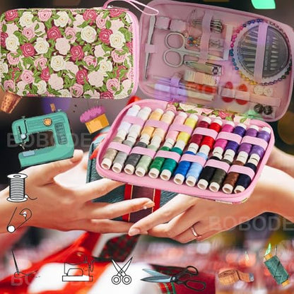 Rose Floral Sewing Kit with 130 PCS Sewing Supplies Accessory,PU Zipper Sewing Needles Set, Professional Travel Sewing Kit for Adults,Emergency, Beginners - color: 130PCS-MG
