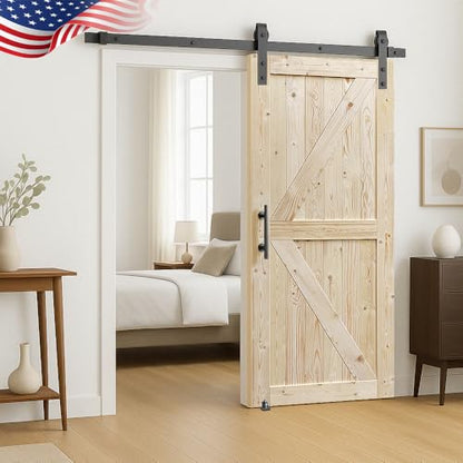 S&Z TOPHAND® 38in x 84in Unfinished British Brace Knotty Barn Door with Sliding Hardware Kit/Solid Wood/Sliding Door/Double Surfaces/A Simple Assembly is Required - size: 38x84in