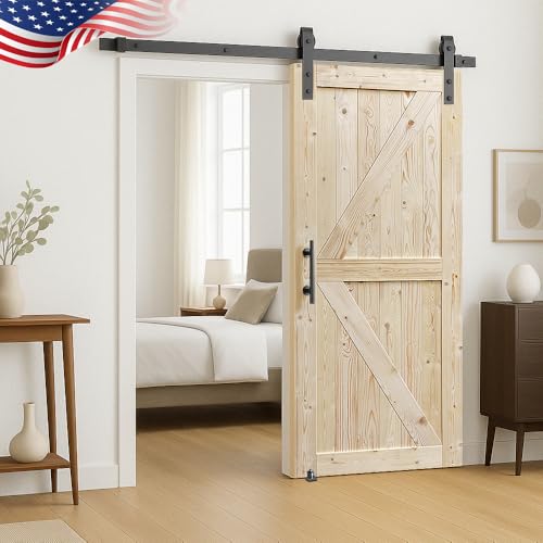S&Z TOPHAND® 38in x 84in Unfinished British Brace Knotty Barn Door with Sliding Hardware Kit/Solid Wood/Sliding Door/Double Surfaces/A Simple Assembly is Required - size: 38x84in