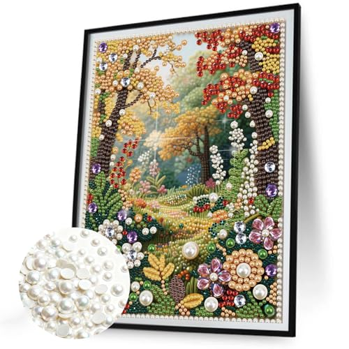 LAKEQUILL 5D DIY Partial Special Shaped Drill Pearl Diamond Art Painting Kit, Country Roads in Spring Landscape Art, Rhinestone Craft for Home Living Room Wall Decor 30x40cm